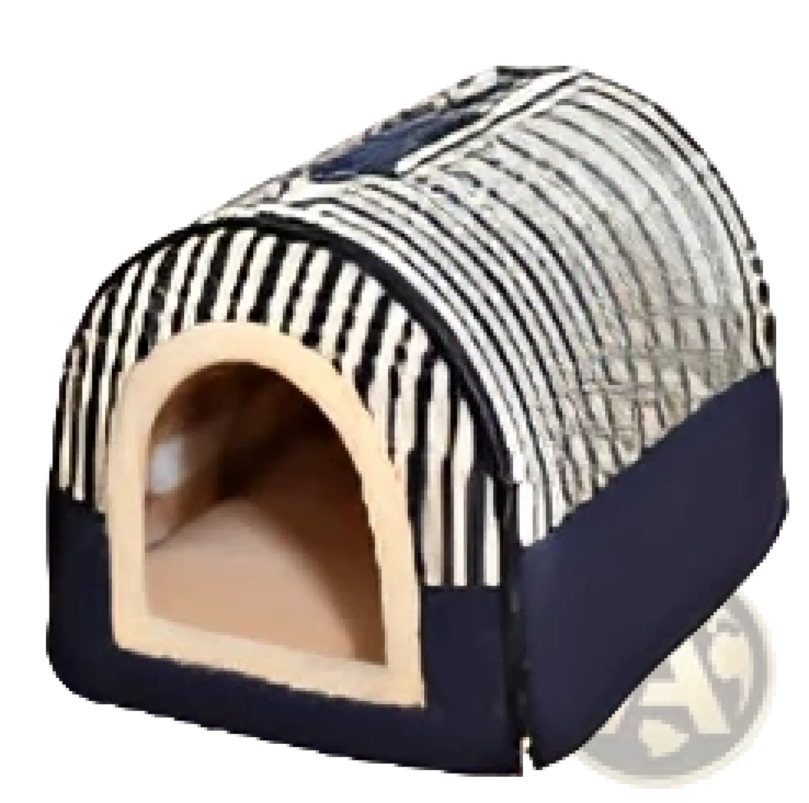 Navy blue and beige striped portable pet bed with soft plush fabric and wooden entrance for cats and dogs