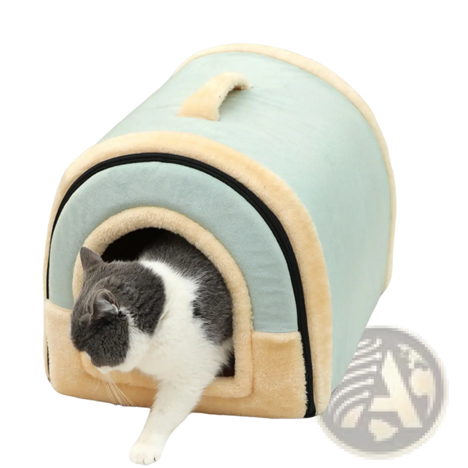 Portable pet bed soft plush kennel for cats and dogs in pastel blue and beige with plush interior and black trim