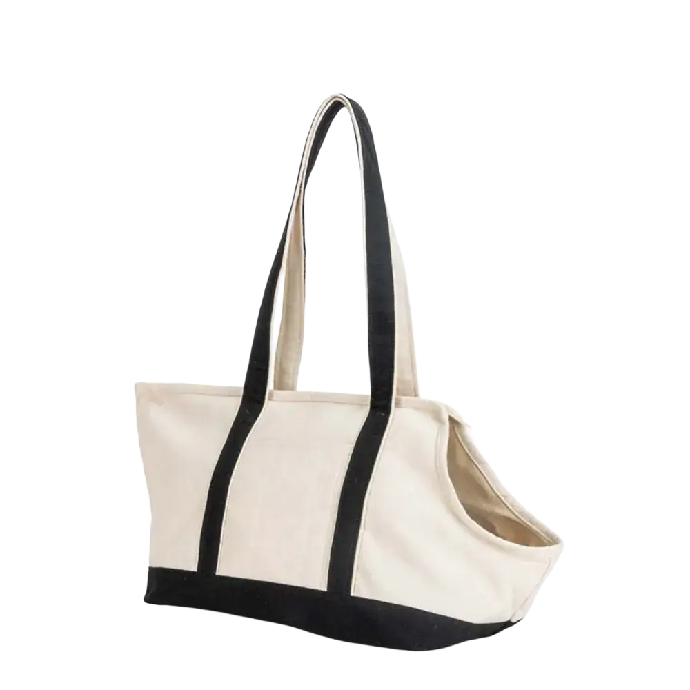 Beige canvas portable pet tote bag with black trim and handles ideal for home business store and outdoor use