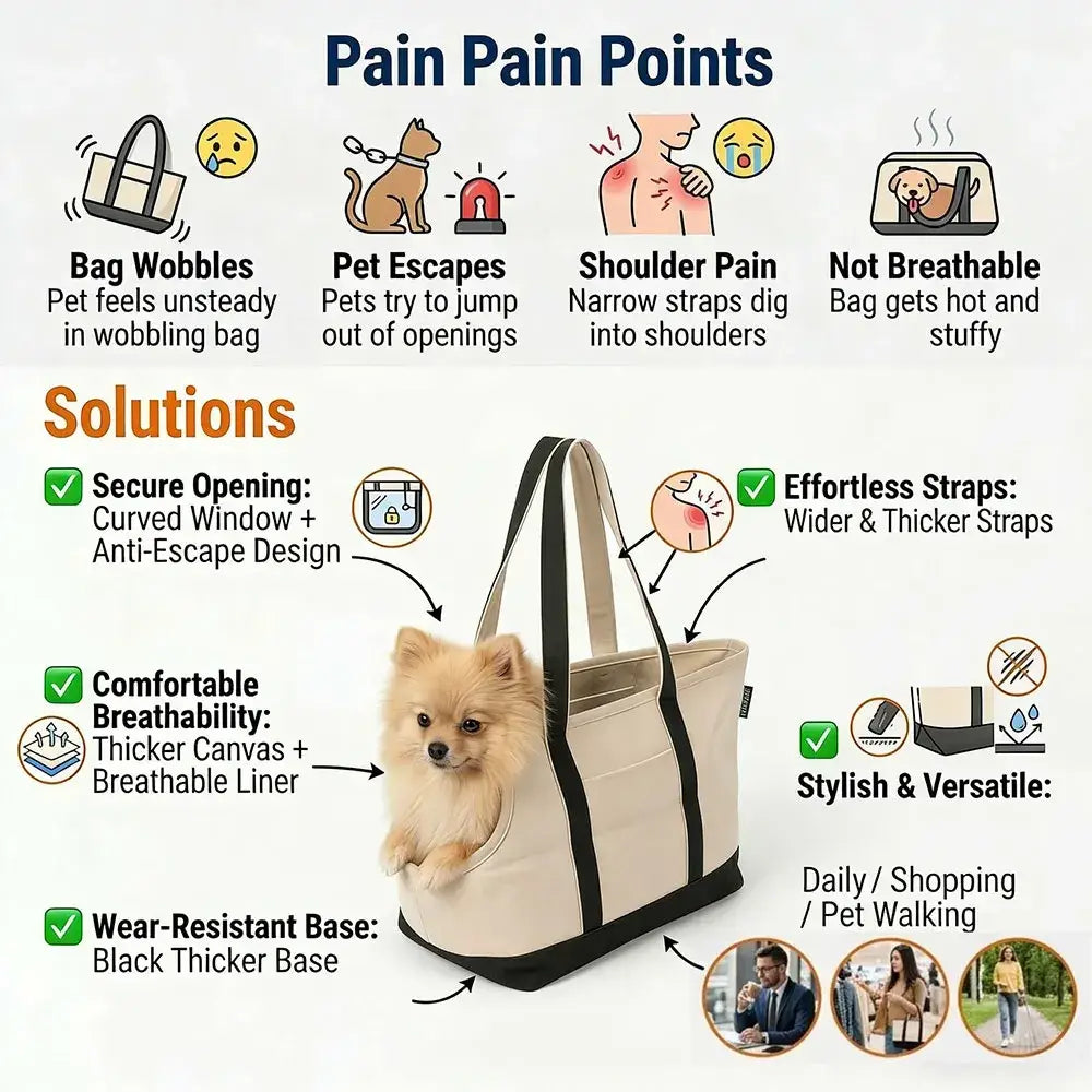 Beige canvas portable pet tote bag with black straps and secure opening for comfortable travel from home business store