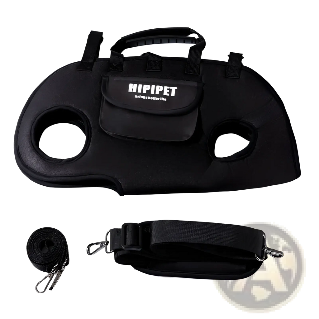Black hipipet mesh dog carrier with two circular cutouts and front pocket designed for comfortable transport