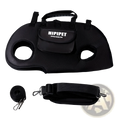 Black hipipet mesh dog carrier with two circular cutouts and front pocket designed for comfortable transport
