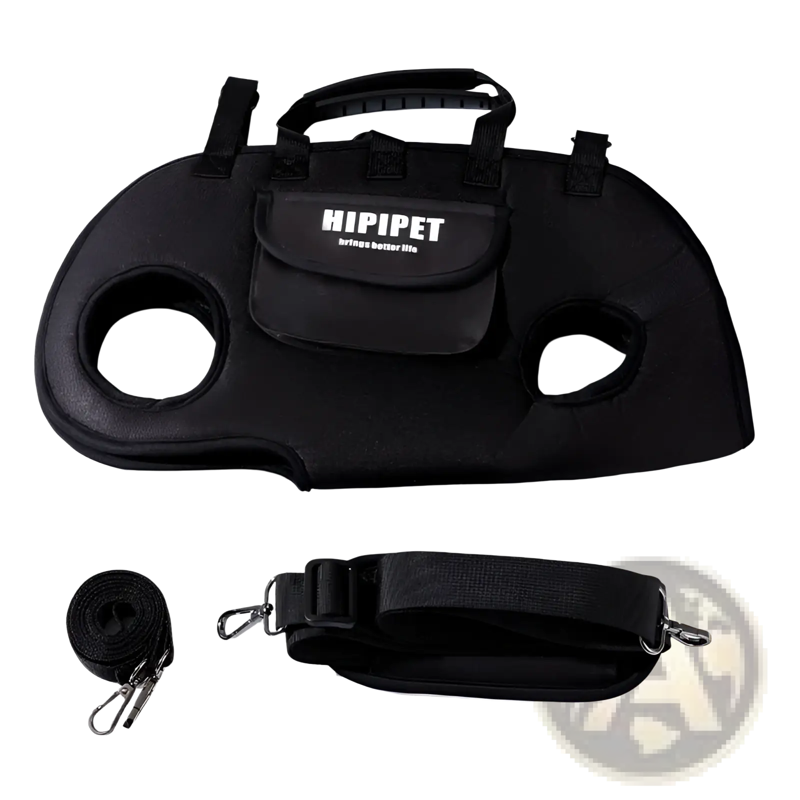 Black hipipet mesh dog carrier with two circular cutouts and front pocket designed for comfortable transport