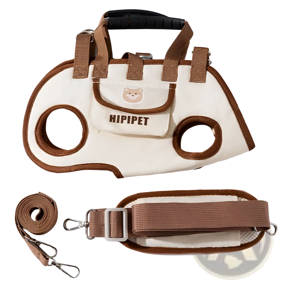 Cream-colored canvas portable pet crossbody handbag with brown trim, bear face patch, and hipipet brand name visible