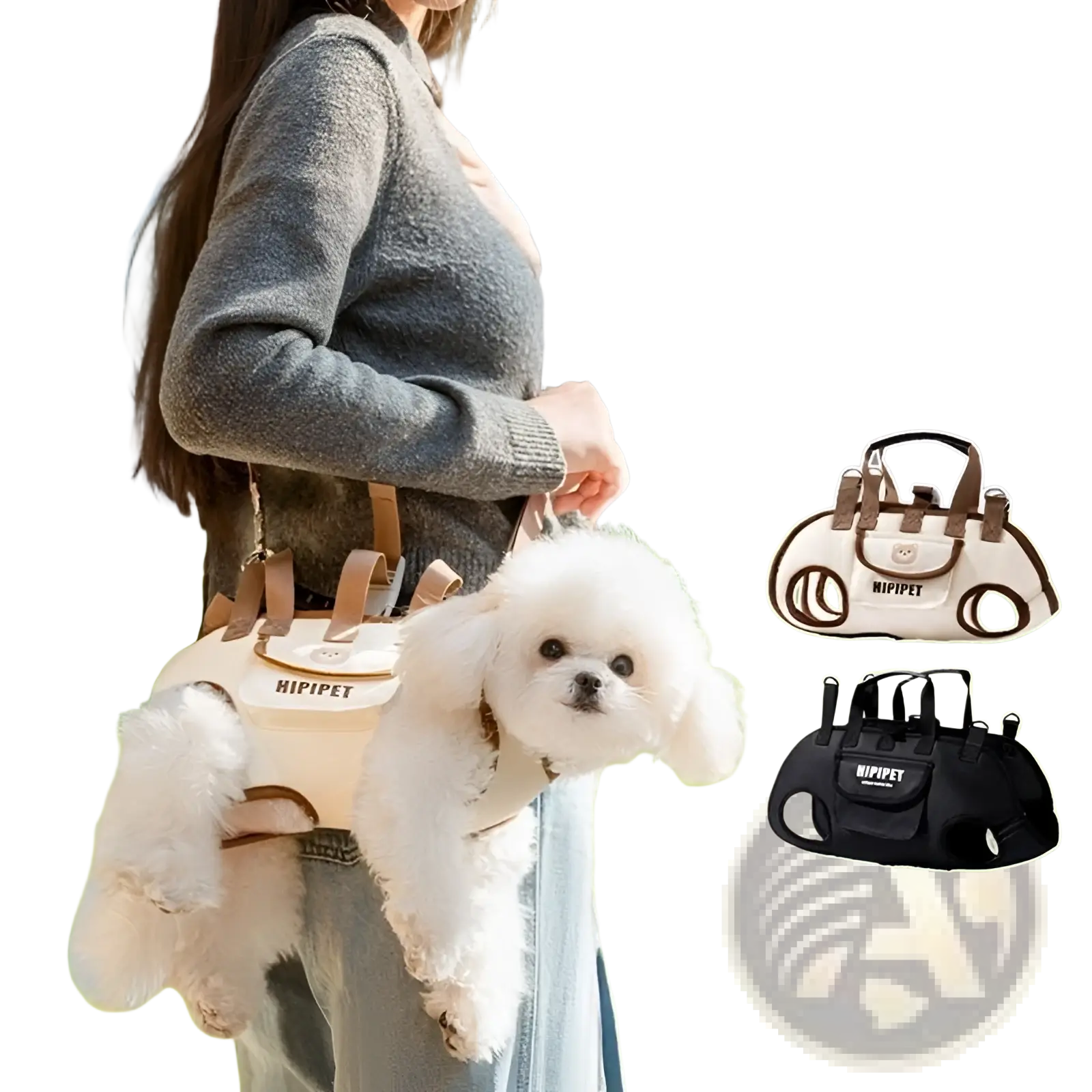 Beige and black portable pet crossbody handbag mesh dog carrier with adjustable straps and front pocket