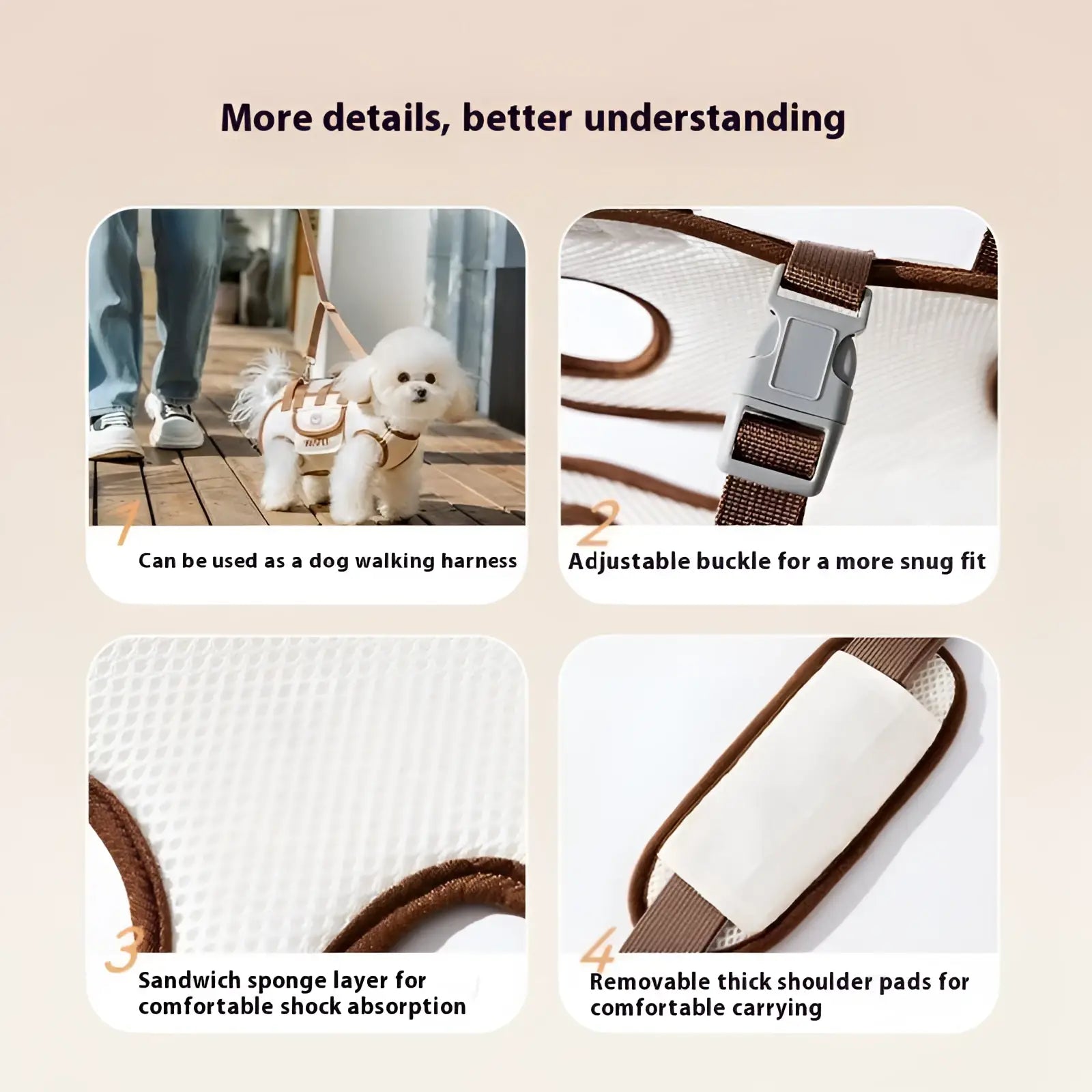 Brown and white mesh portable pet crossbody handbag with adjustable buckle removable pads and sandwich sponge layer
