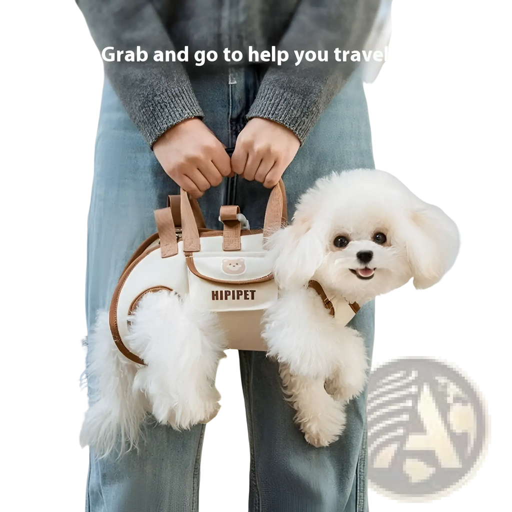 Cream-colored portable pet crossbody handbag mesh dog carrier with tan leather straps and a fluffy white dog peeking out