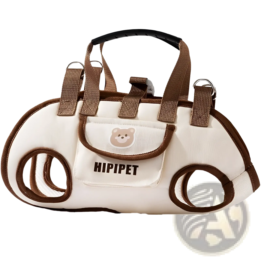 Cream-colored canvas portable pet crossbody handbag with brown trim, mesh, bear face patch, and hipipet branding