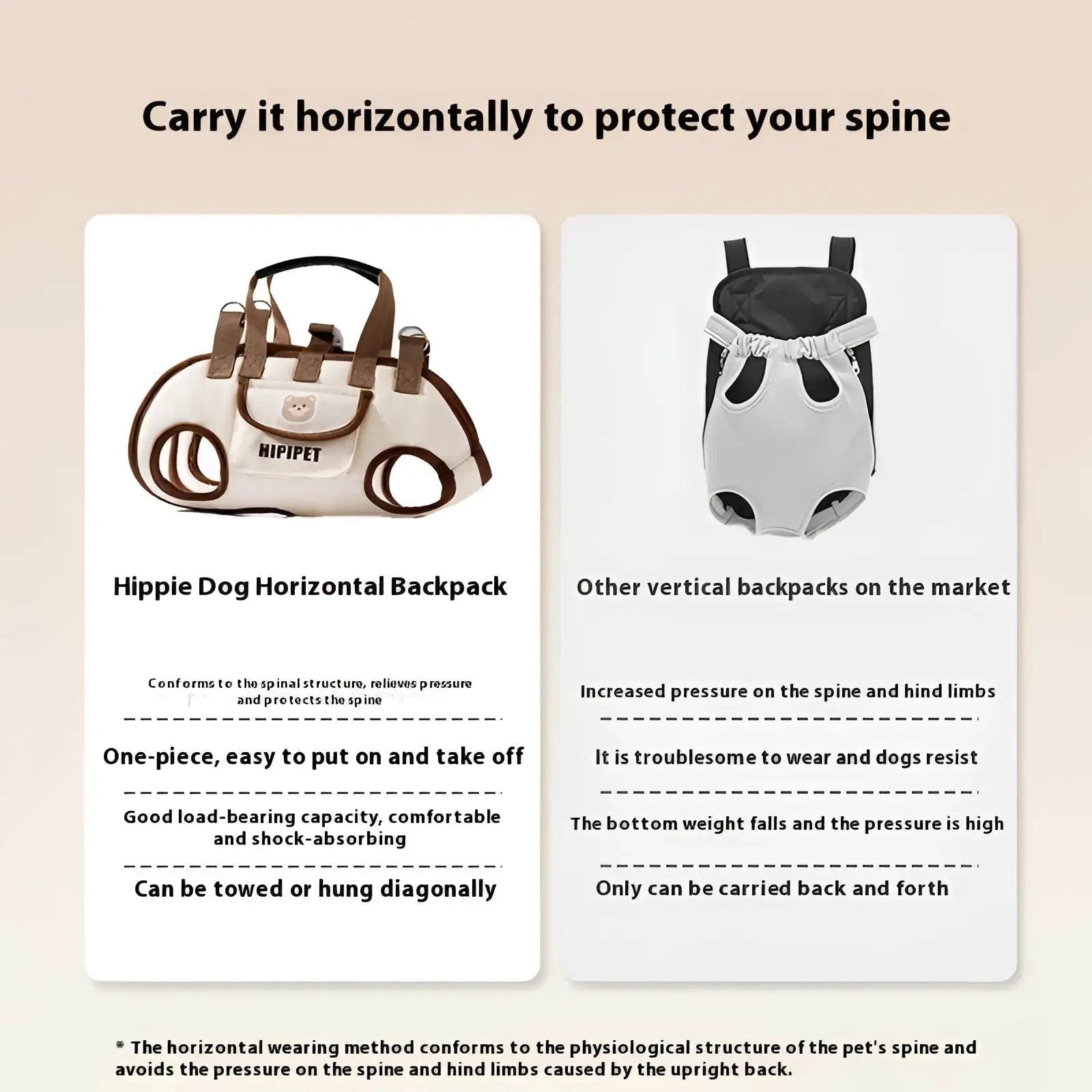 White and brown hippie dog horizontal backpack with soft mesh design and adjustable straps for portable pet carrying