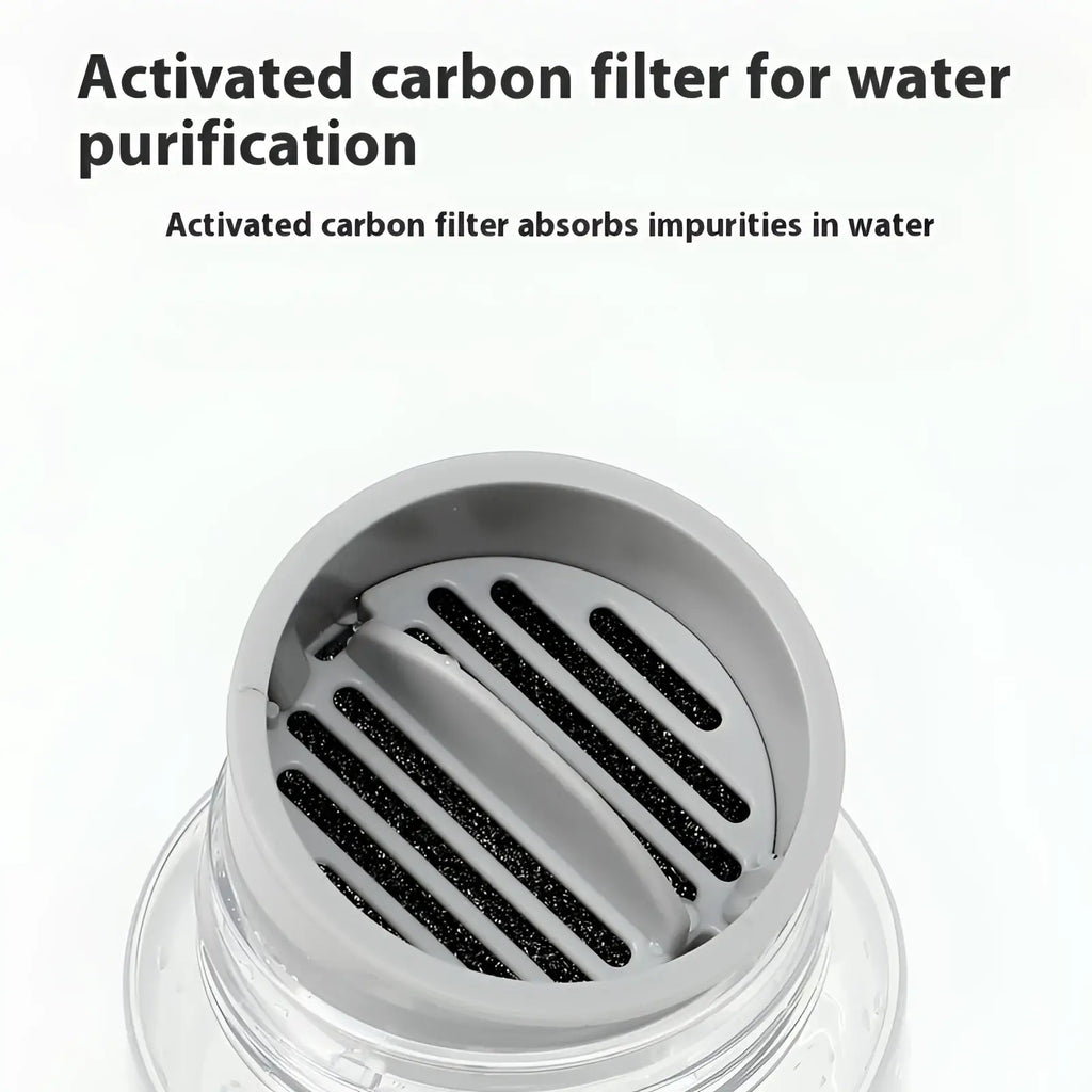 Gray plastic activated carbon filter with black textured strips for water purification in portable pet water bottle