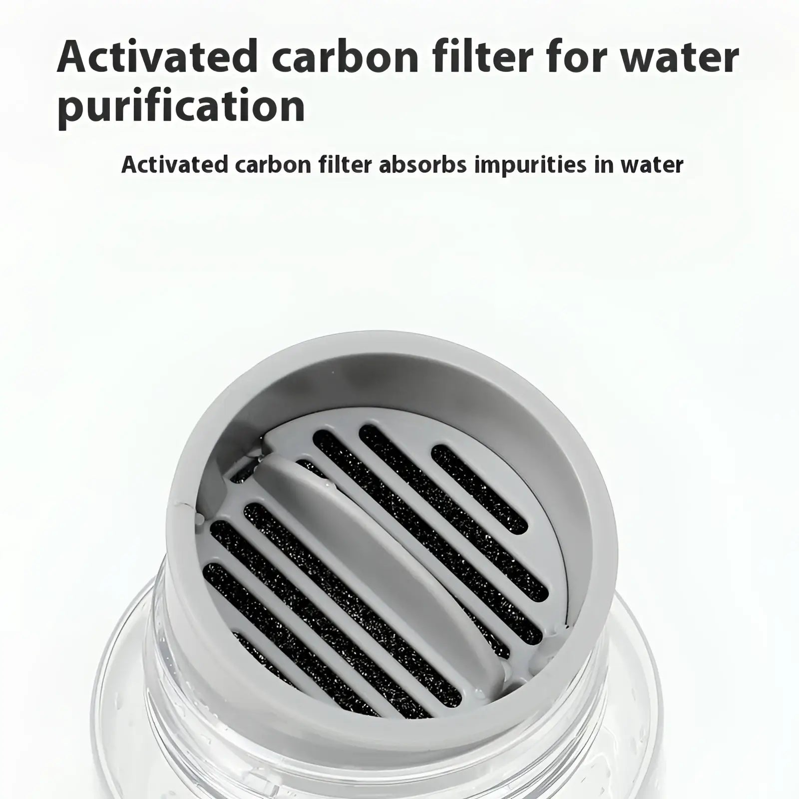 Gray plastic activated carbon filter with black textured strips for water purification in portable pet water bottle