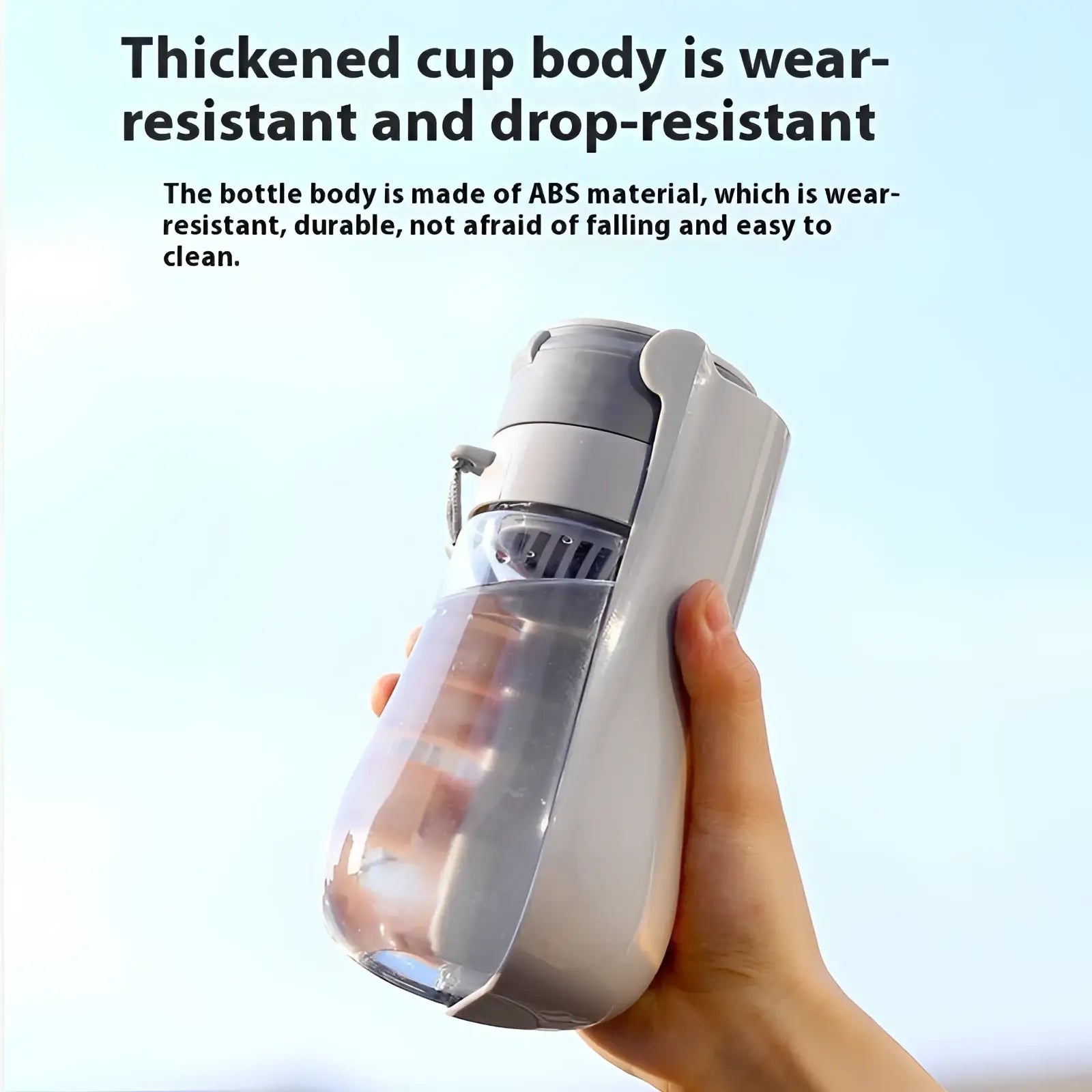 Portable pet water bottle with carbon filter gray transparent thickened abs plastic flip-top lid and carrying strap
