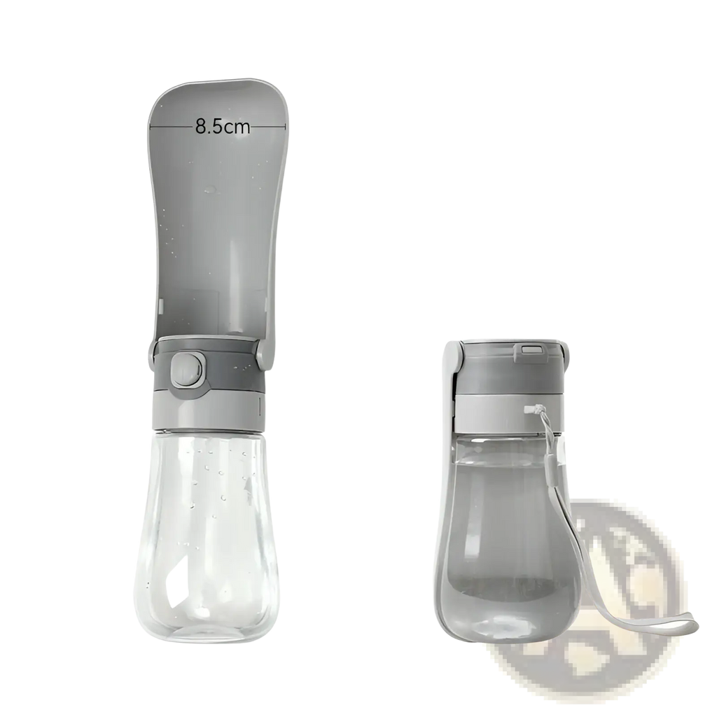 Portable pet water bottle with carbon filter in gray and transparent plastic featuring a collapsible spout for easy drinking on the go