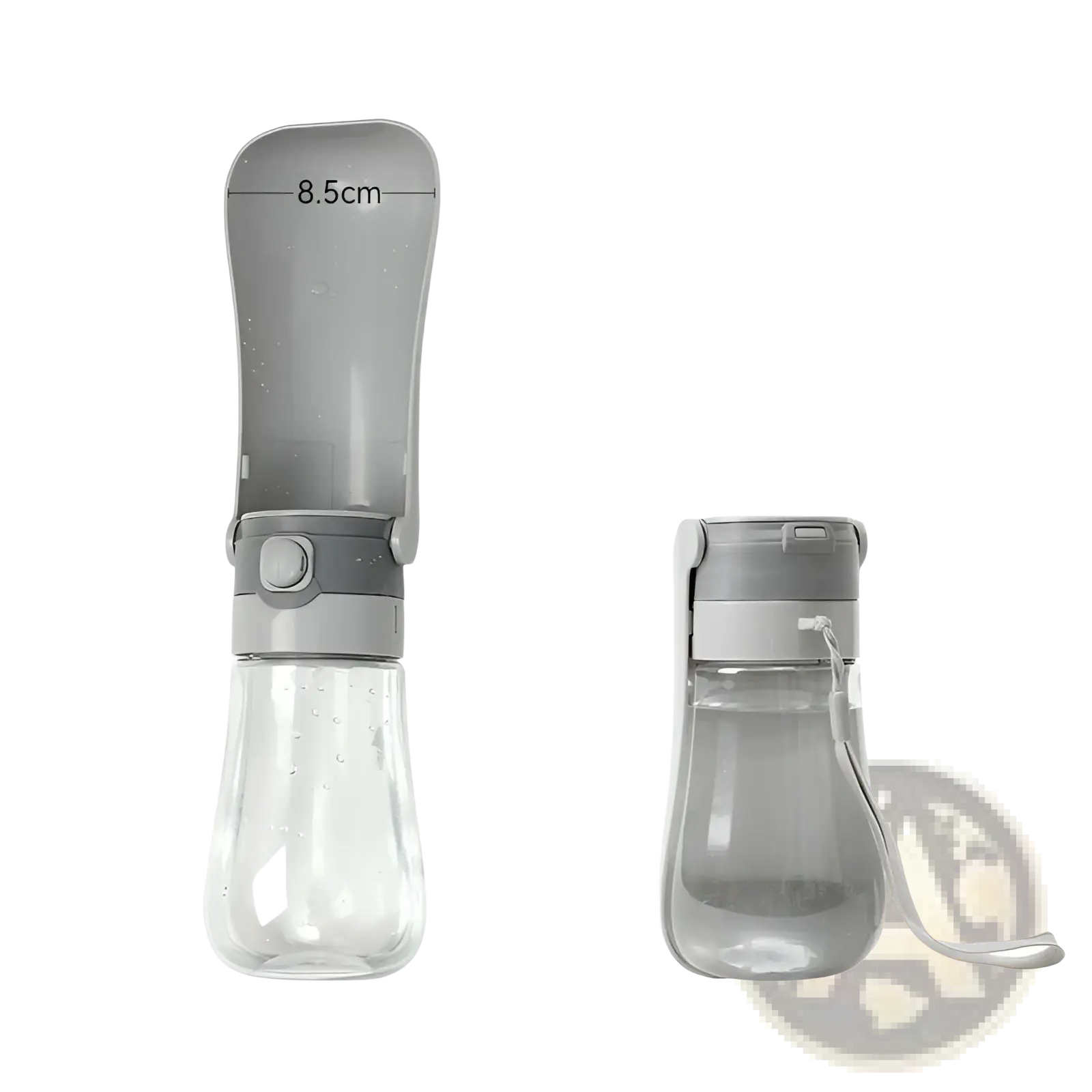 Portable pet water bottle with carbon filter in gray and transparent plastic featuring a collapsible spout for easy drinking on the go