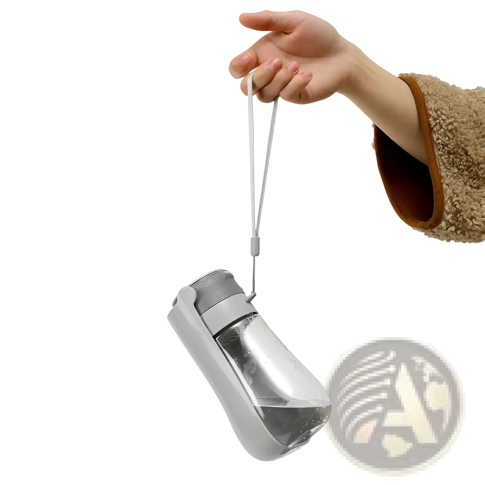 Portable pet water bottle with carbon filter in gray and transparent with ergonomic design and secure carrying strap