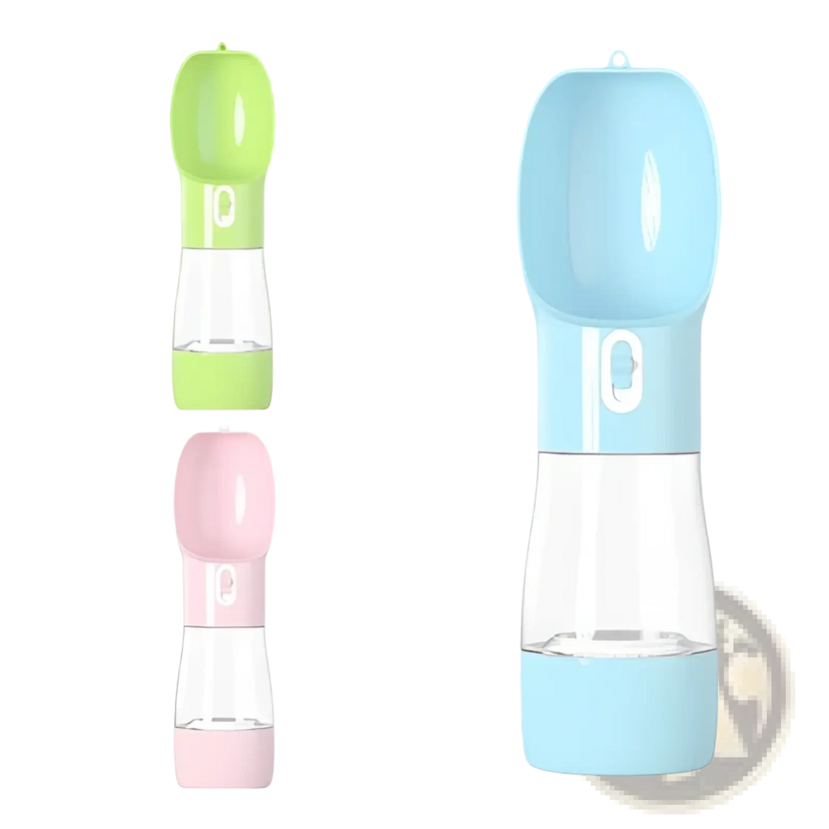 A portable pet water bottle with a colorful silicone top and transparent plastic base for outdoor walks