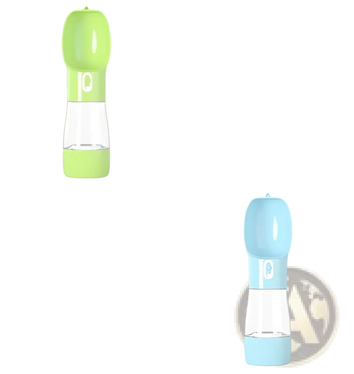 Portable pet water bottle in lime green and light blue with clear central chamber for easy drinking on outdoor walks