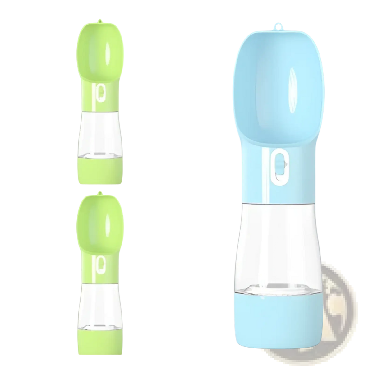 Portable pet water bottle for outdoor walks with a sleek translucent body and vibrant green or blue silicone top and base