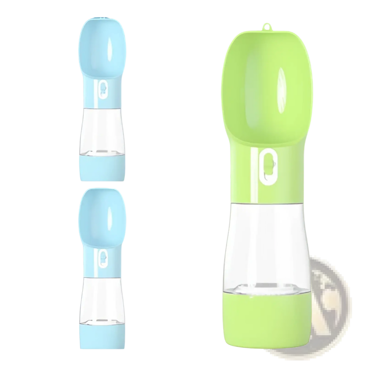 Portable pet water bottle for outdoor walks with a sleek two-toned light blue transparent body and lime green base