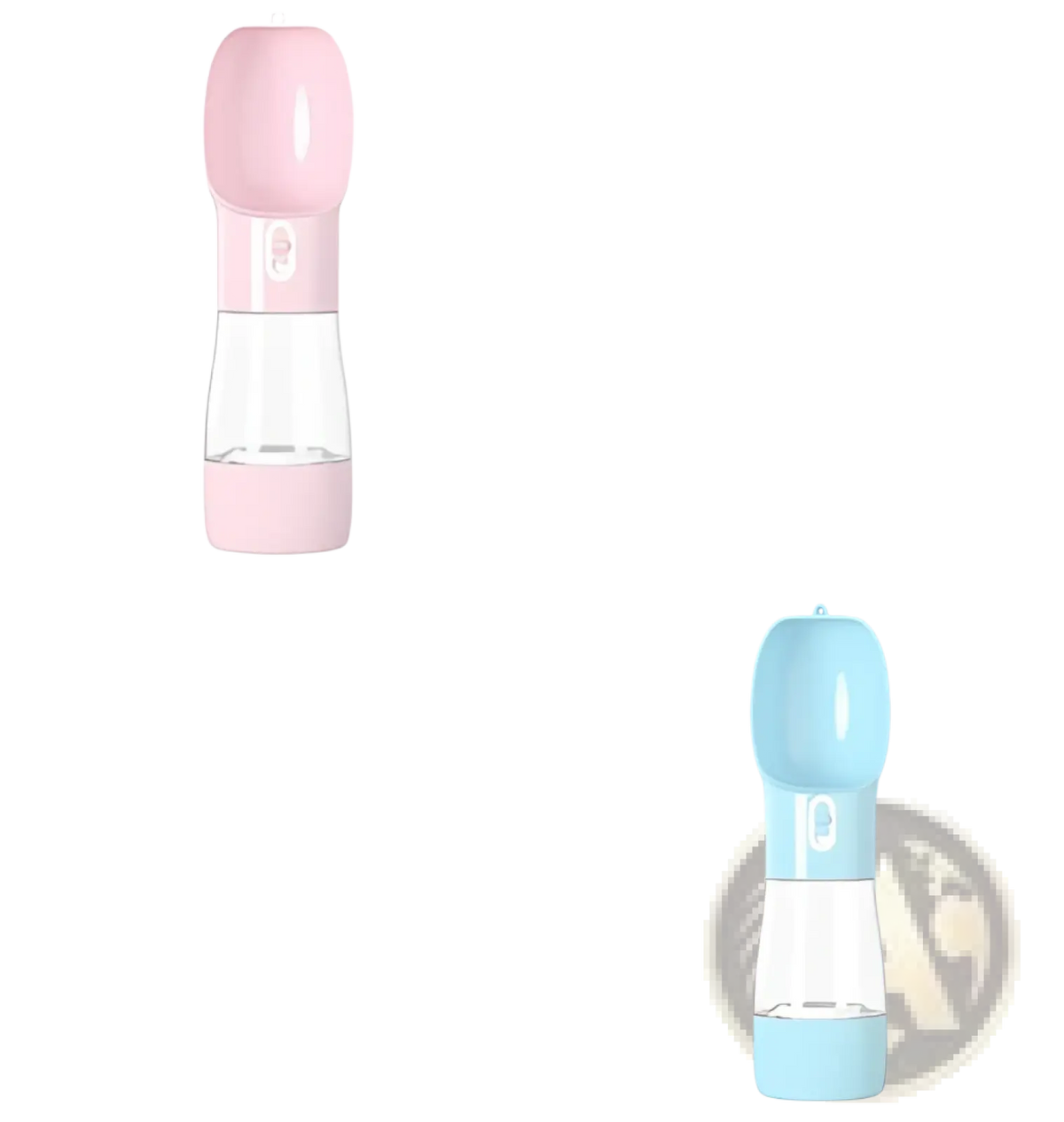Portable pet water bottle with pink and clear body and soft silicone top and base for outdoor walks