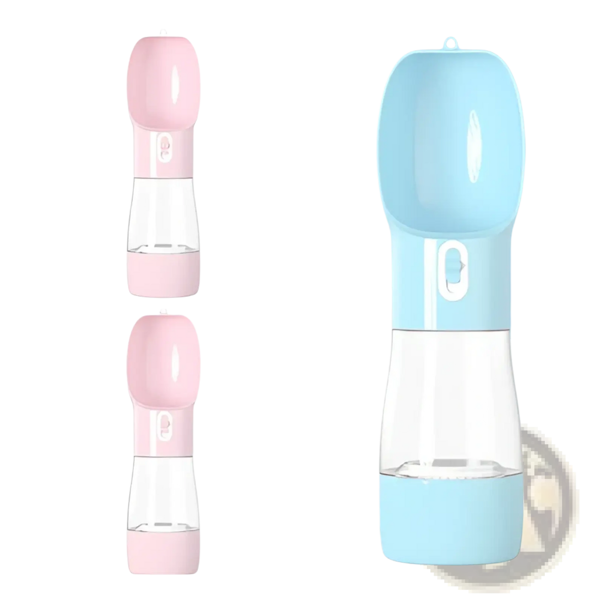 Portable pet water bottle for outdoor walks with pink and light blue design and a clear central chamber