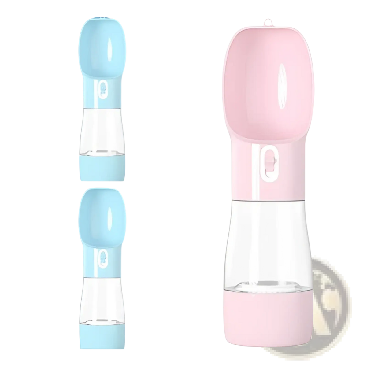 Portable pet water bottle in pink and transparent with a soft silicone grip for outdoor walks