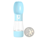 Light blue plastic portable pet water bottle with clear glass section and white spout for outdoor walks
