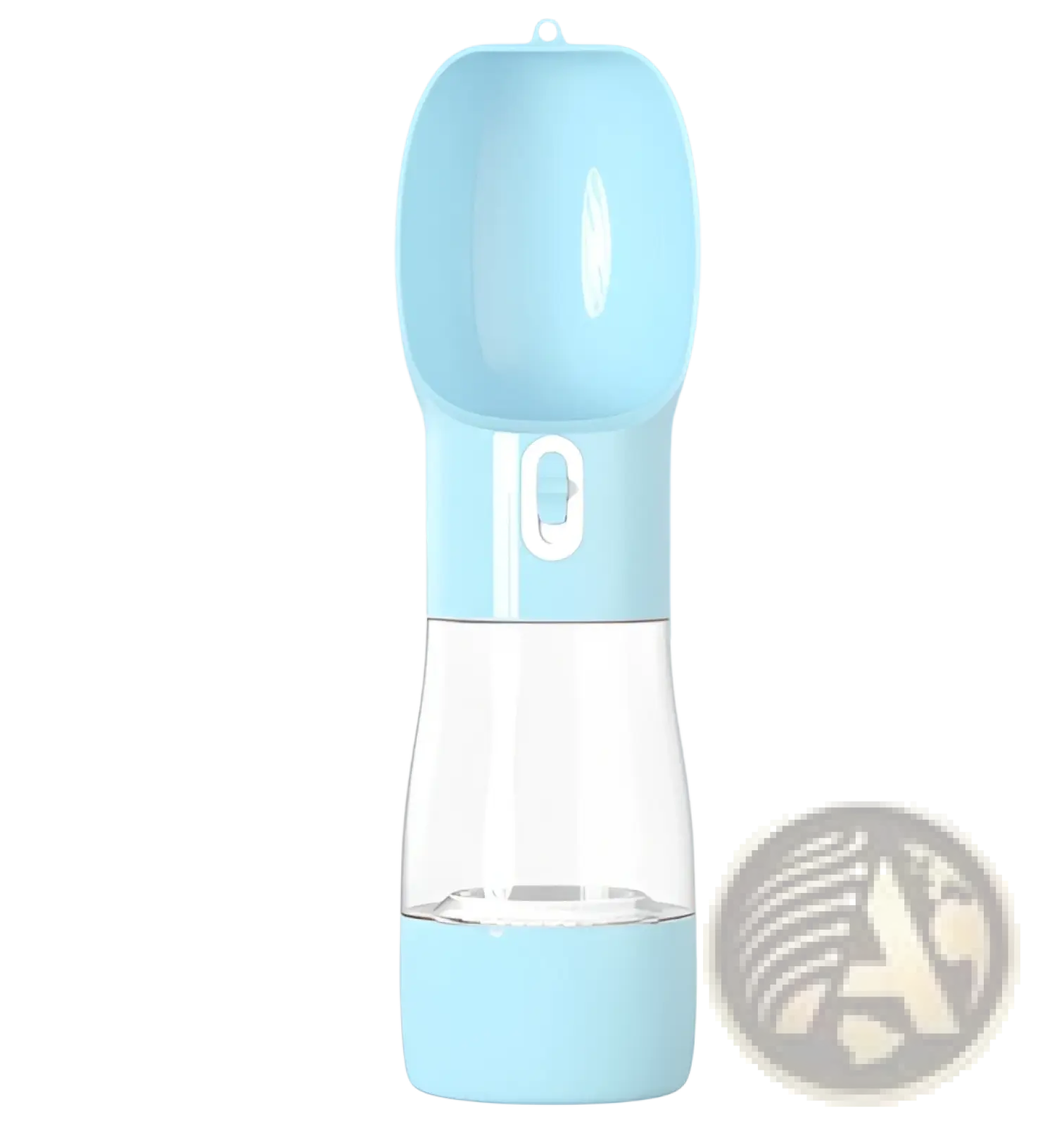 Light blue plastic portable pet water bottle with clear glass section and white spout for outdoor walks