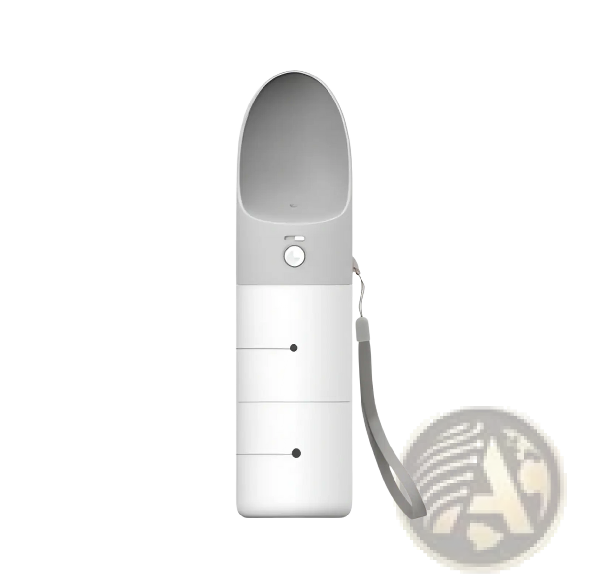 Portable pet water bottle in two-toned gray and white with built-in spout and wrist strap for outdoor walks