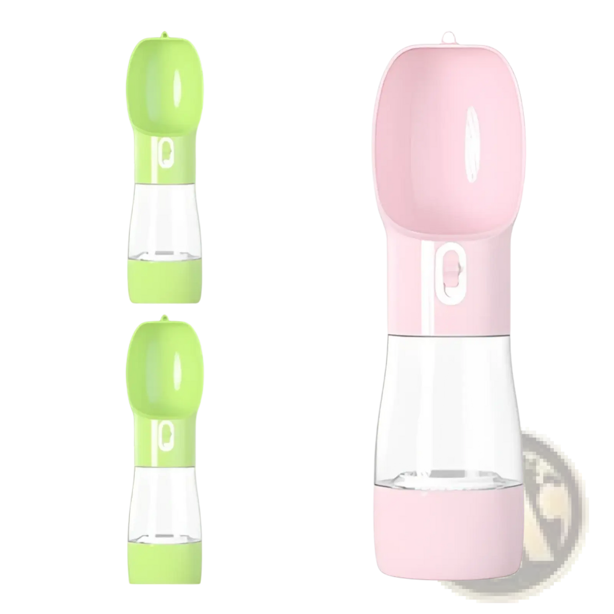 Portable pet water bottle with clear glass body, pink silicone top and green silicone base for outdoor walks