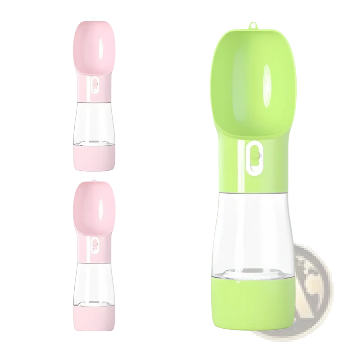 Portable pet water bottle for outdoor walks with a sleek two-toned pink and clear plastic body and green silicone base