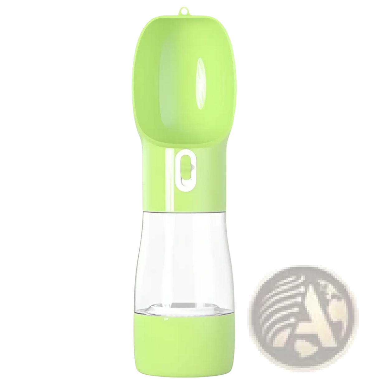 Portable pet water bottle in lime green with clear plastic body and white spout for outdoor walks