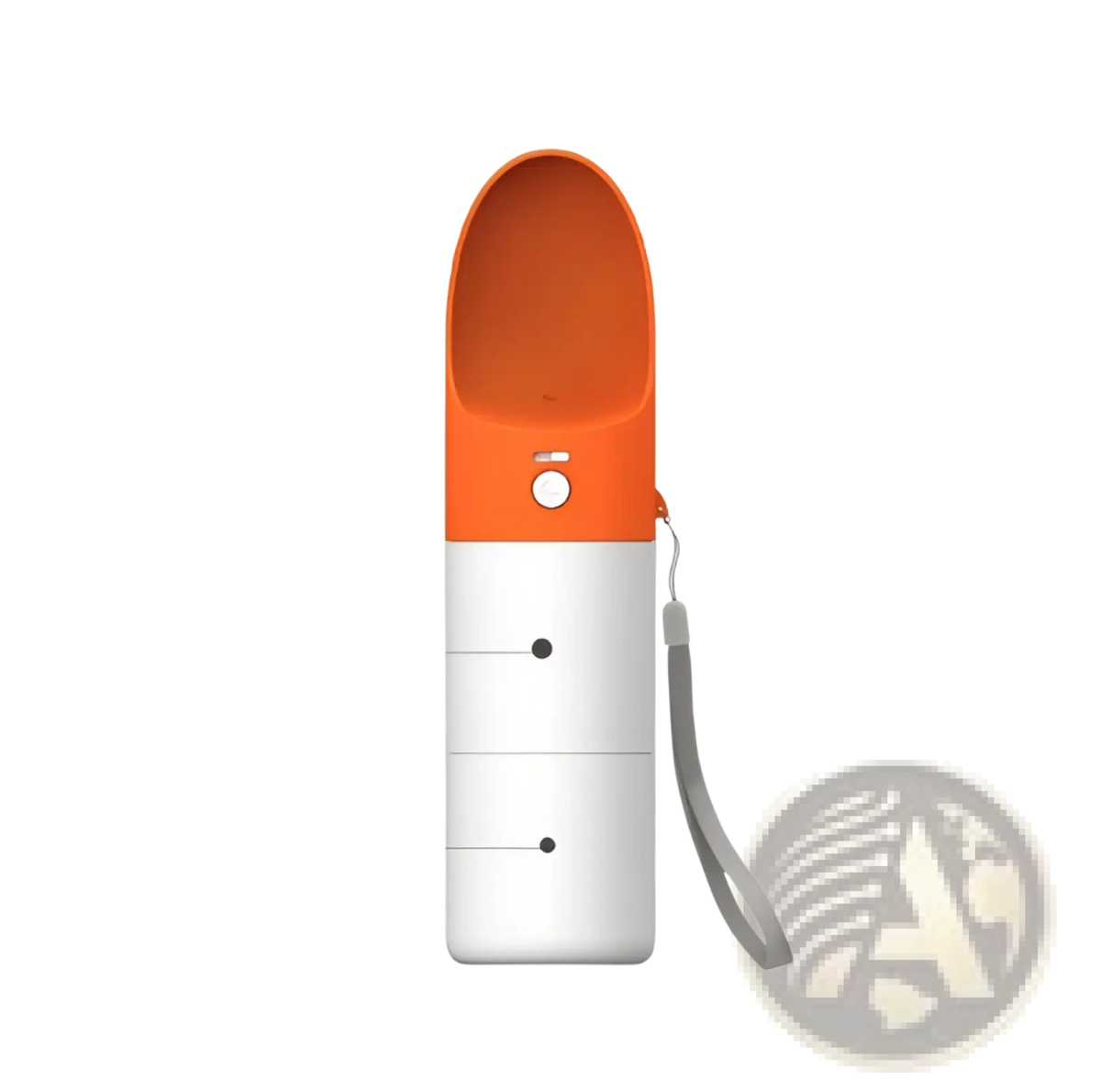 Portable pet water bottle in orange and white with carrying strap designed for outdoor walks and travel use
