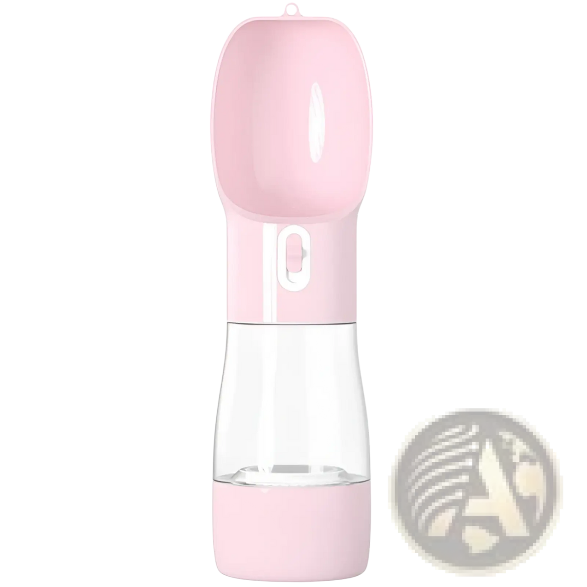 Portable pet water bottle for outdoor walks with pink silicone and clear plastic body featuring a spout for drinking