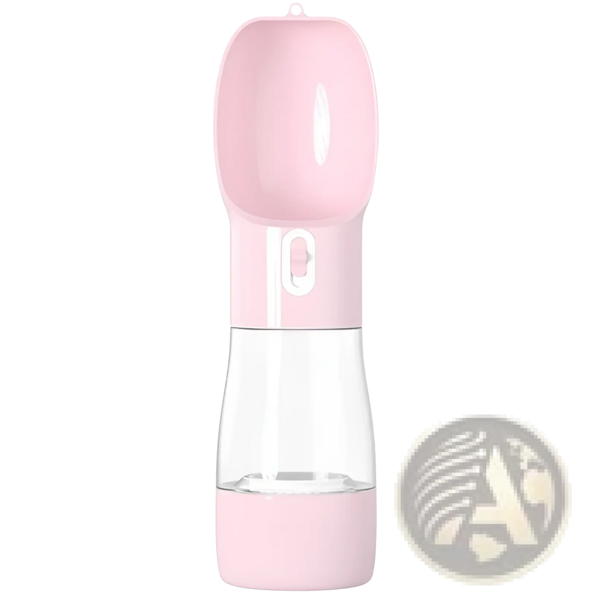 Portable pet water bottle in pink silicone and transparent plastic with spout for easy outdoor drinking