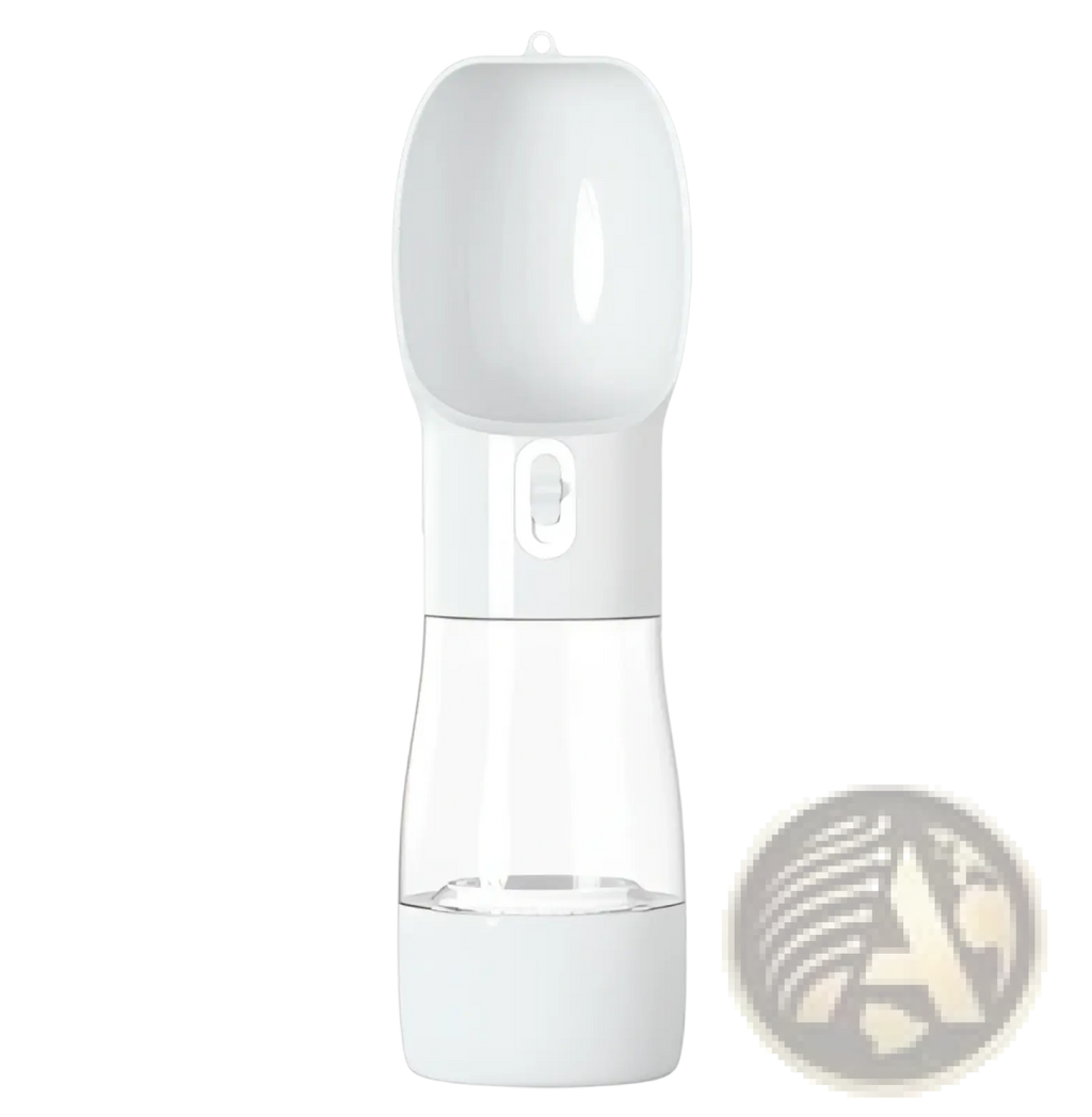 Portable pet water bottle in white plastic with clear reservoir and spout for easy outdoor walking hydration