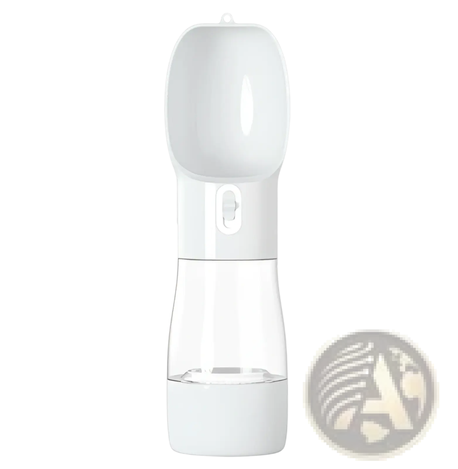 Portable pet water bottle in white plastic with clear reservoir and spout for easy outdoor walking hydration