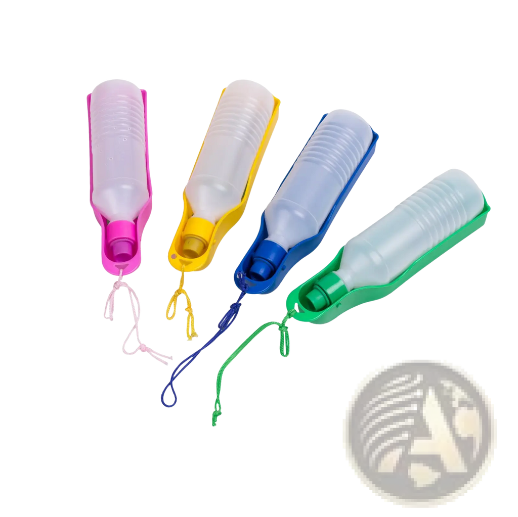 Four colorful portable pet water bottles with translucent bodies and matching straps for travel and outdoor walks