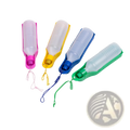 Four colorful portable pet water bottles with translucent bodies and matching straps for travel and outdoor walks