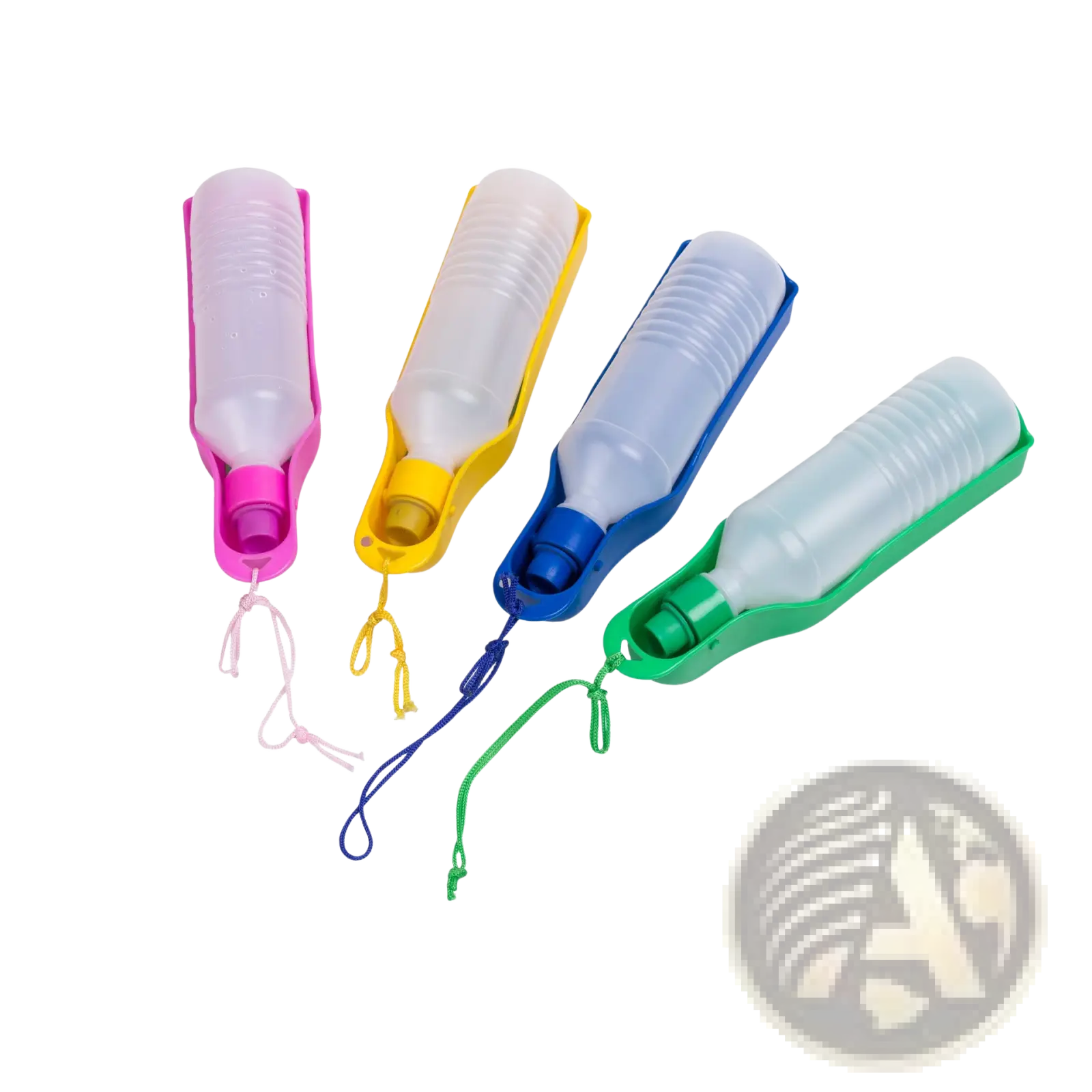 Four colorful portable pet water bottles with translucent bodies and matching straps for travel and outdoor walks