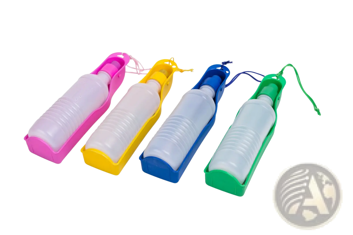 Four colorful portable pet water bottles with translucent plastic bodies and silicone handles for travel and walks