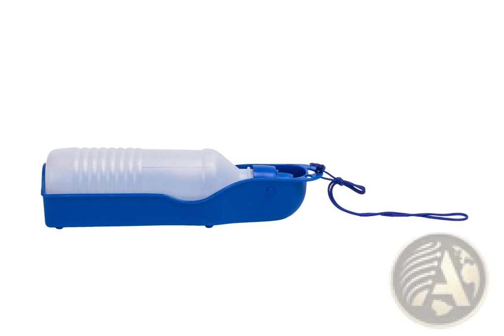 Portable blue plastic pet water bottle with translucent white cap and matching blue strap for travel and outdoor walks