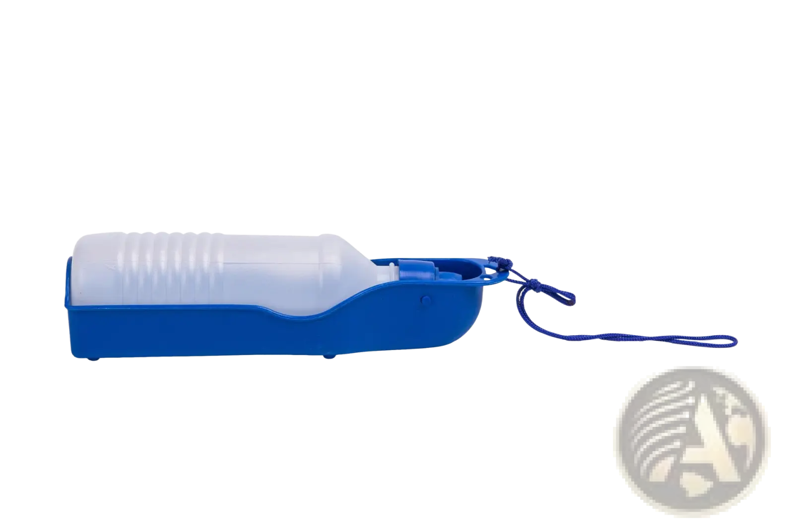 Portable blue plastic pet water bottle with translucent white cap and matching blue strap for travel and outdoor walks