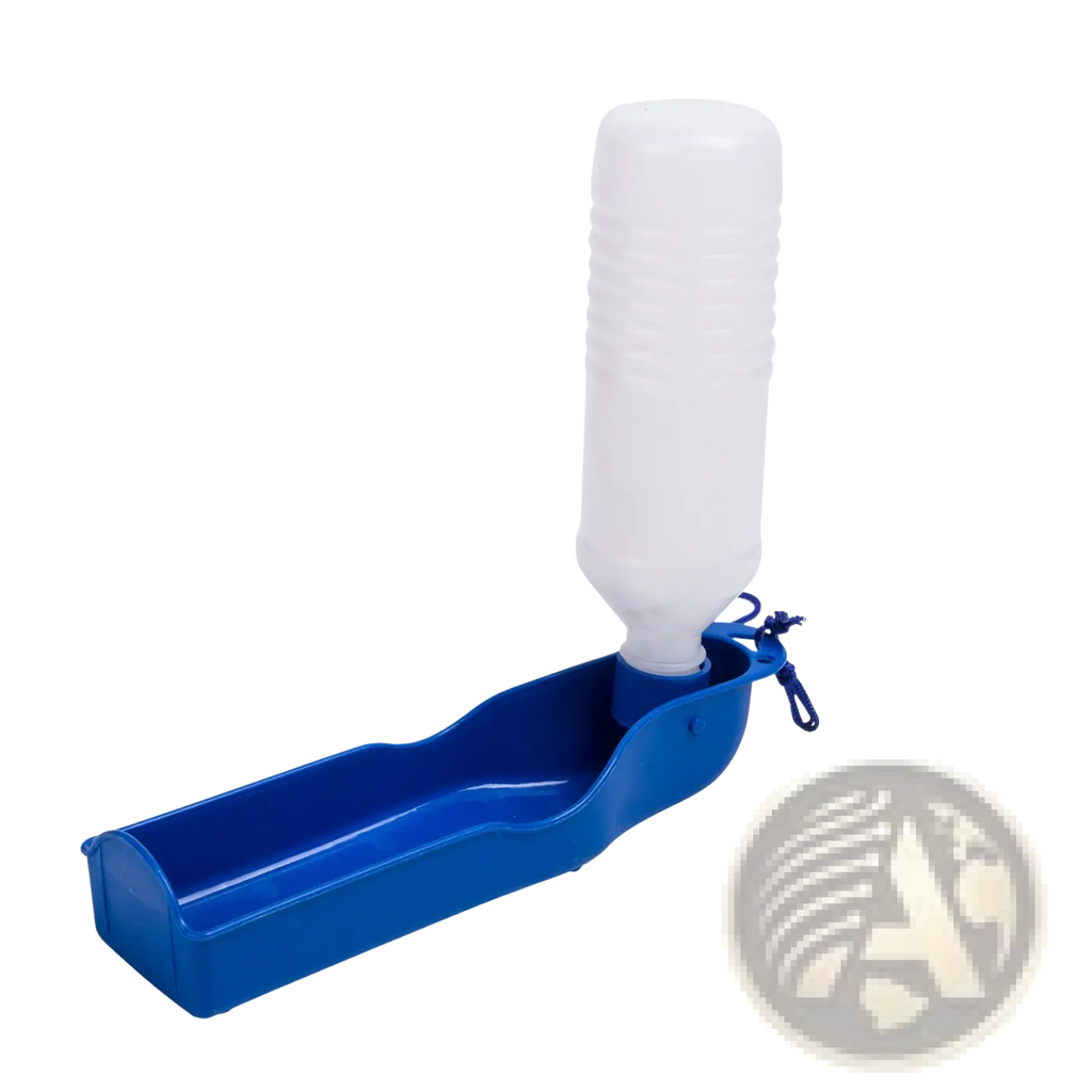 Portable pet water bottle for travel with blue plastic body white ribbed reservoir and carrying loop for outdoor walks