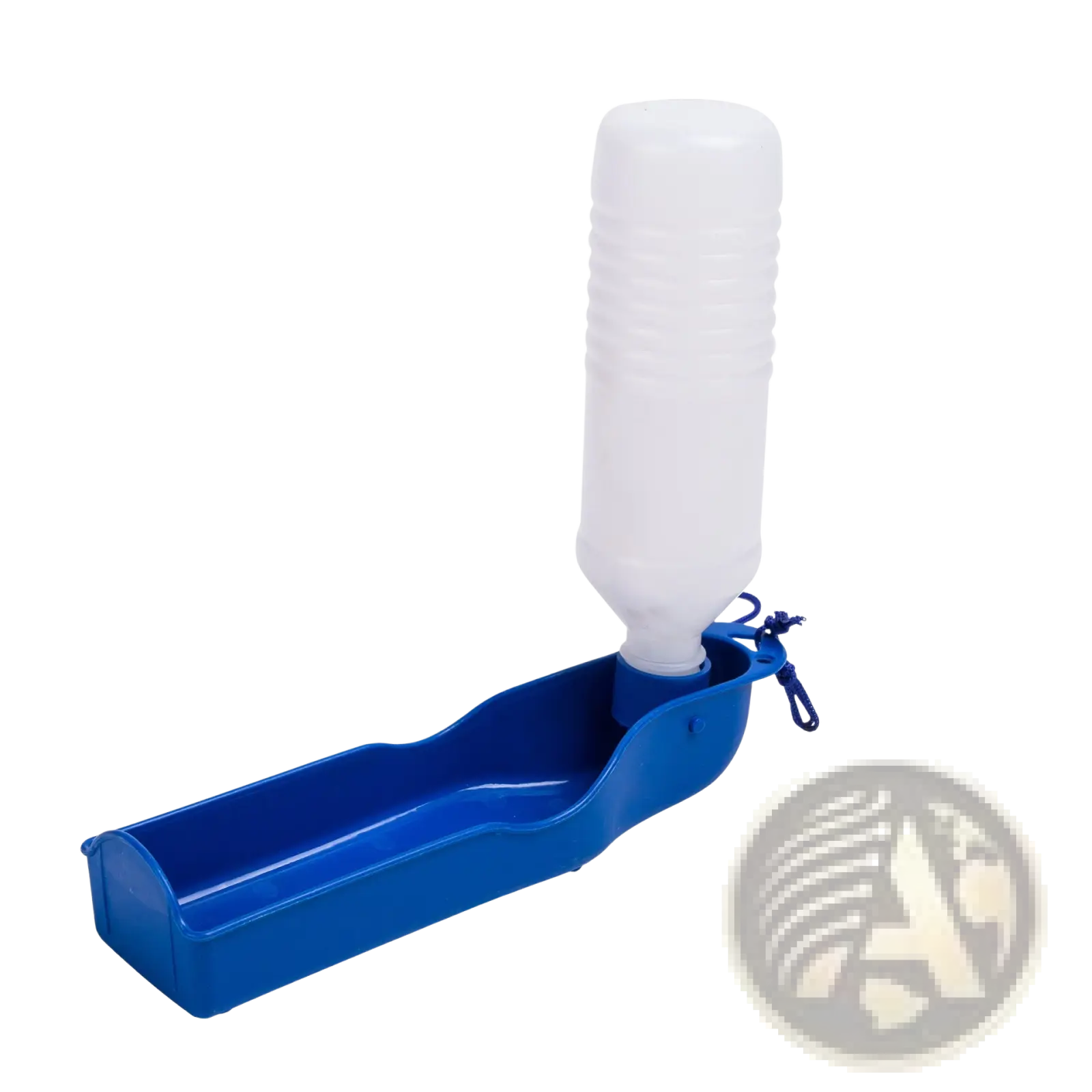 Portable pet water bottle for travel with blue plastic body white ribbed reservoir and carrying loop for outdoor walks