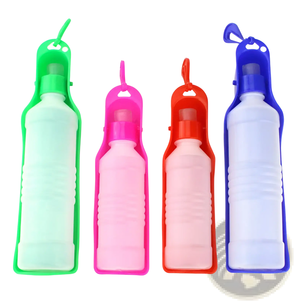 Portable pet water bottle set with four colorful silicone sleeves and built-in spouts for travel and outdoor walks