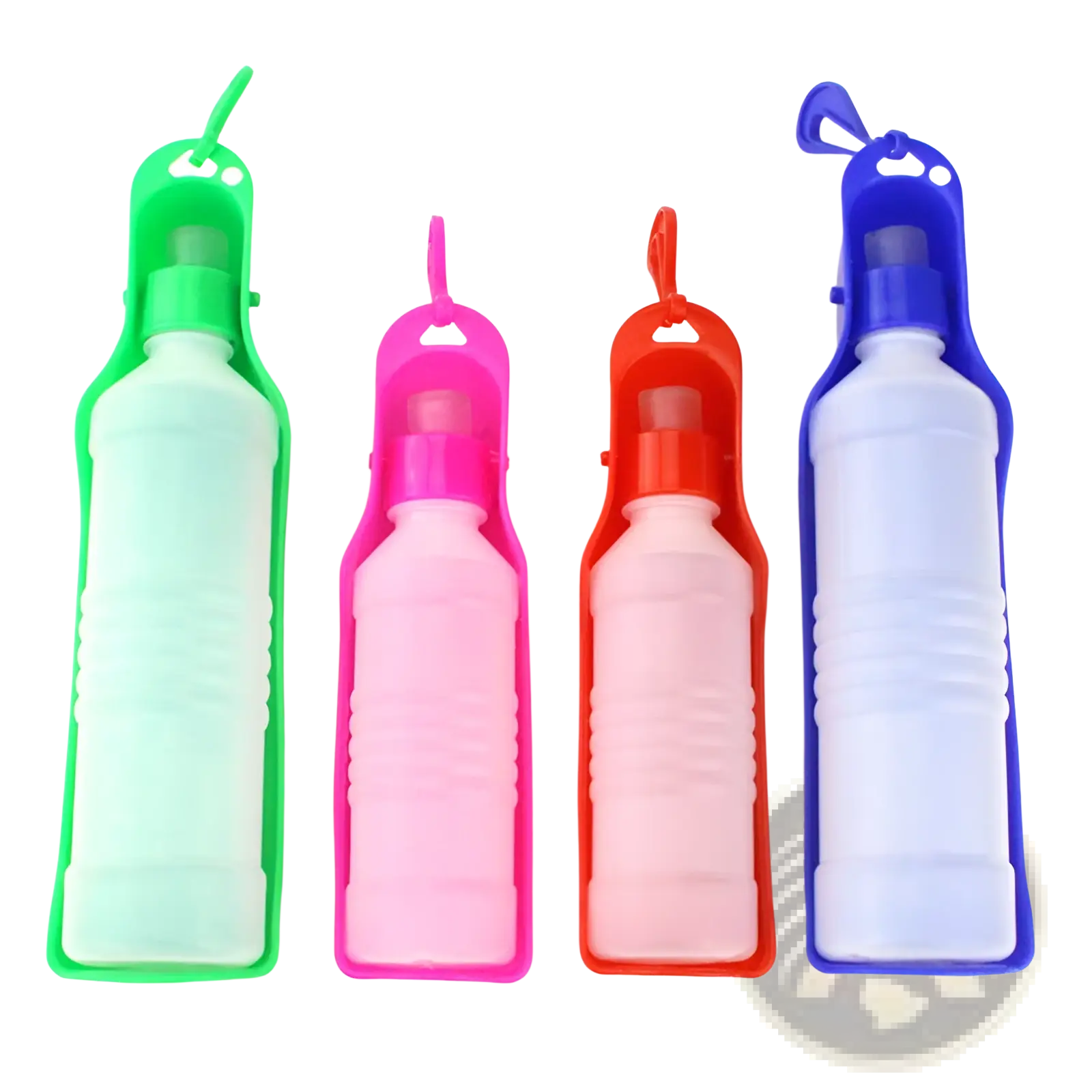 Portable pet water bottle set with four colorful silicone sleeves and built-in spouts for travel and outdoor walks