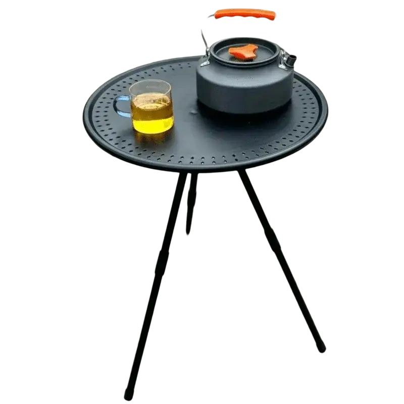 Black perforated metal portable picnic camping table with tripod legs and adjustable aluminum round frame