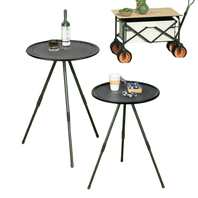 Black metal tripod portable picnic camping table with perforated top adjustable aluminum round design