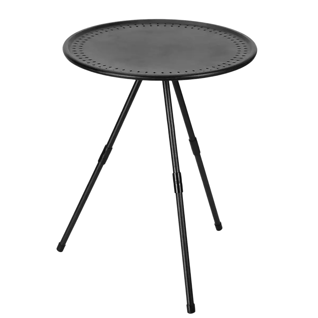 Black metal portable picnic camping table with perforated round top and adjustable aluminum tripod legs